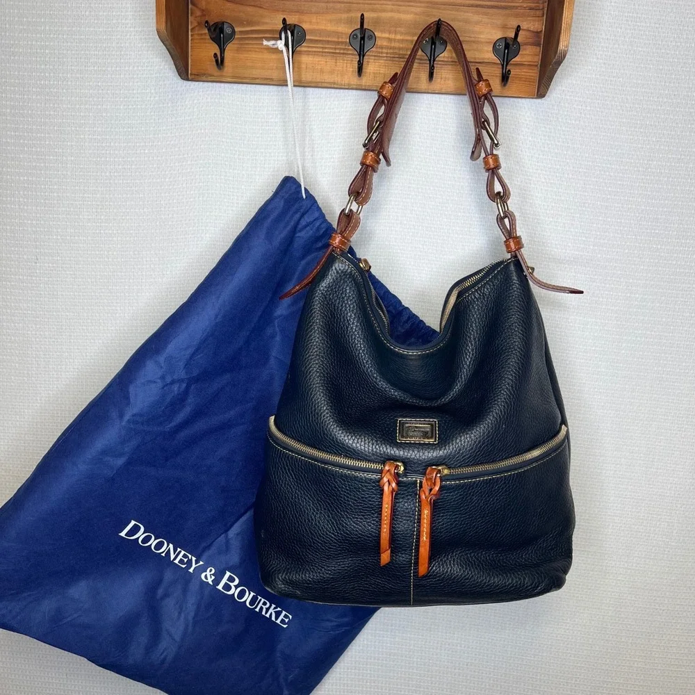 Dooney & Bourke Navy Blue Pebbled Leather Hobo Bag Tan Trim Braided Strap